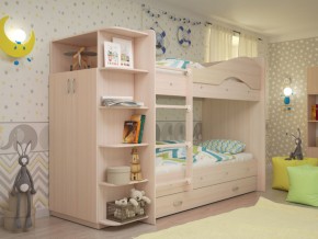 Кровать 2-х ярусная Мая с ящиками и шкафом на латофлексах млечный дуб в Муравленко - muravlenko.magazinmebel.ru | фото